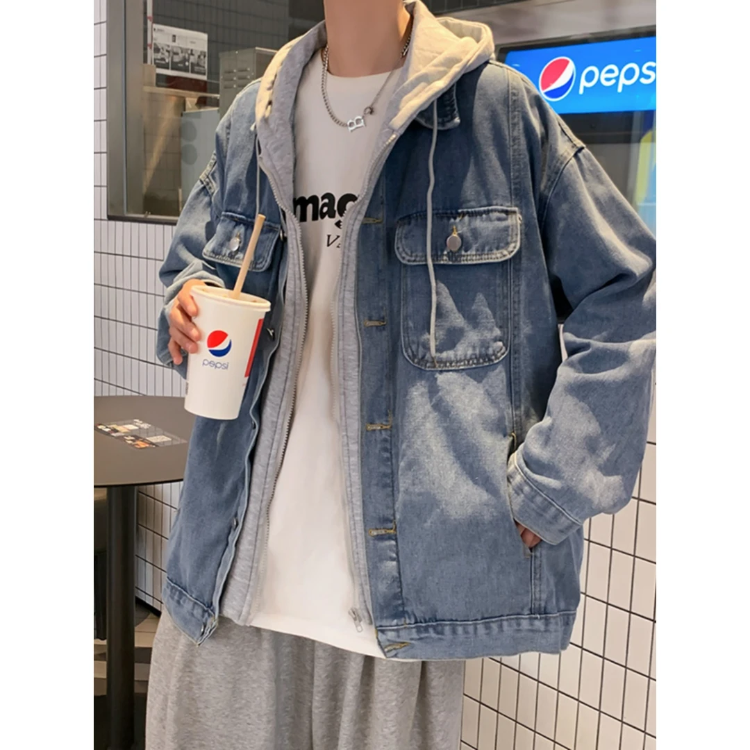 痞帅牛仔夹克男春秋潮牌ins连帽宽松百搭外套潮流韩版假两件上衣