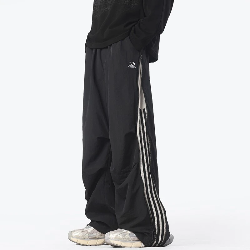 美式条纹伞兵裤男秋季潮牌设计感速干休闲裤高街百搭拉链阔腿裤子