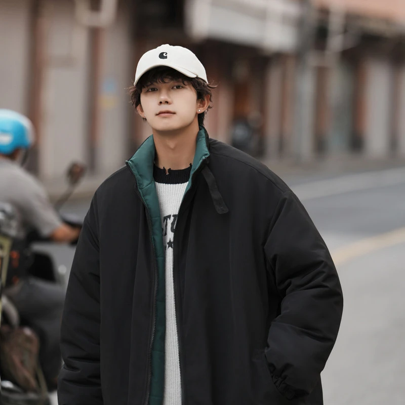 秋冬季撞色立领棉衣男士潮牌加厚面包服宽松休闲防寒衣服学生外套