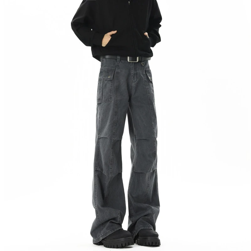 美式复古做旧灰色褶皱微喇叭工装裤男女重磅加长190高个子长裤子