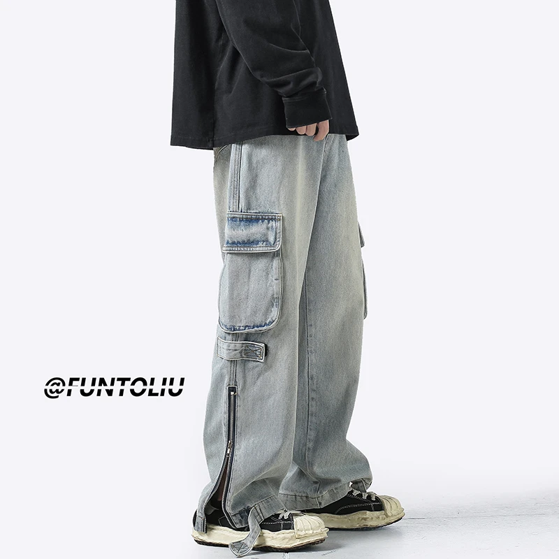 复古牛仔裤子男夏季设计感小众大口袋高街工装裤vibe潮牌宽松长裤