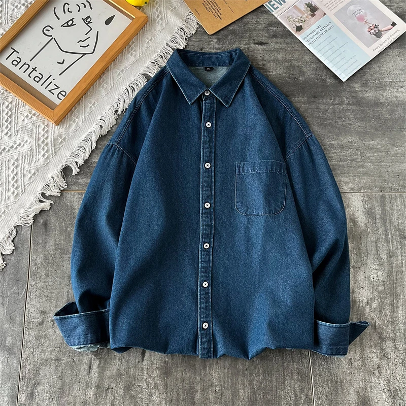 重磅阔版日系复古做旧长袖牛仔衬衫男潮牌宽松bf风休闲情侣薄外套