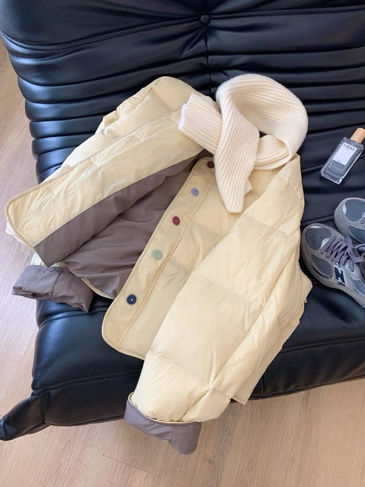 2024秋冬新款韩系穿搭奶黄色彩色纽扣棉服女宽松百搭棉衣上衣女潮