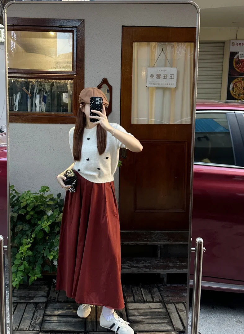 夏季一整套法式复古红色高腰半身裙小个子显瘦百搭爱心针织上衣潮