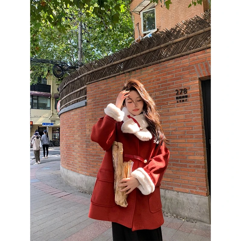 新年战袍红色圣诞大衣女冬季新款胖mm显瘦毛呢外套小个子呢子大衣