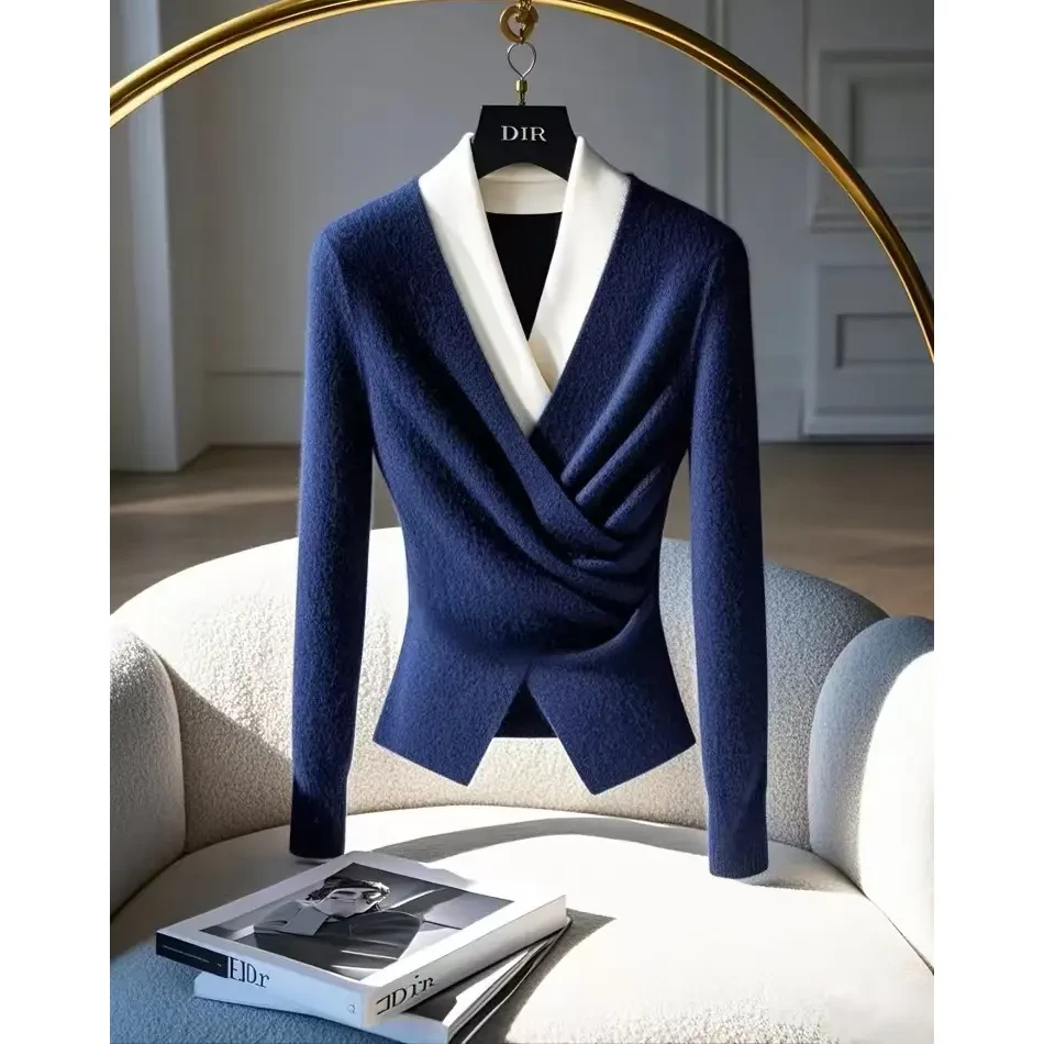 藏蓝色假两件轻奢百搭毛衣女2024秋冬新款高级感针织衫小香风上衣
