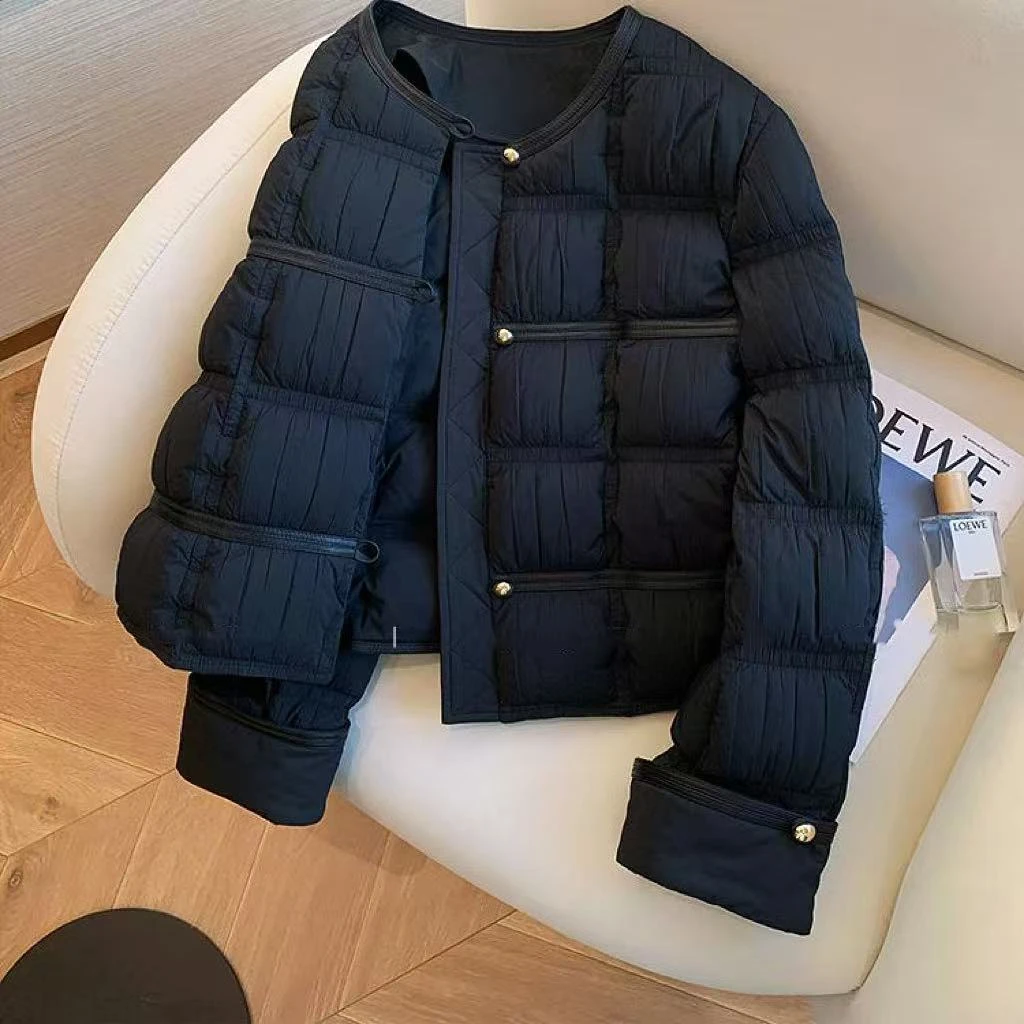 高级感简约黑色菱格拼接小香风棉服女2024冬新款气质轻薄夹棉外套