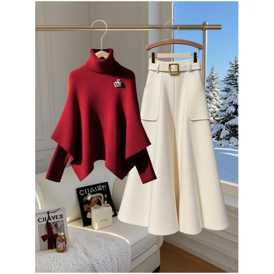 2024秋冬季穿搭一整套高级感圣诞风红色高领斗篷毛衣半身裙两件套