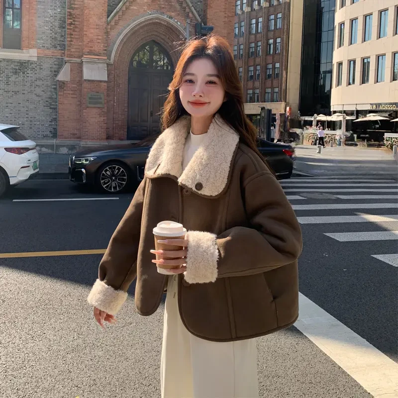 羊羔毛皮毛一体外套女2025冬季新款氛围感复古慵懒风厚棉衣小个子