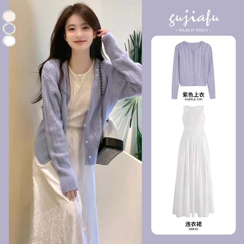 早秋2024年新款小香风穿搭一整套韩剧女主盐系开衫搭配背心裙套装