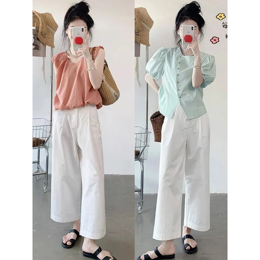 夏装搭配一整套胖mm显瘦温柔粉色无袖衬衫高腰阔腿裤休闲套装女
