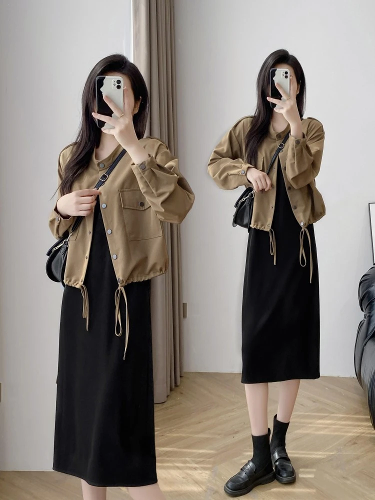 2024早秋新款精致连衣裙女抽绳短款外套搭配背心中长款大码打底裙