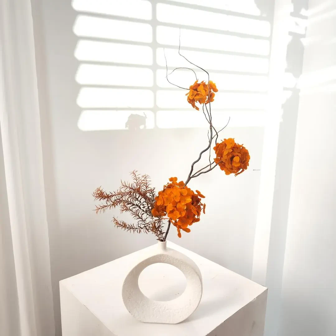 新中式爱马橙绣球永生花简约艺术风格混搭干花插花大牌餐桌摆件