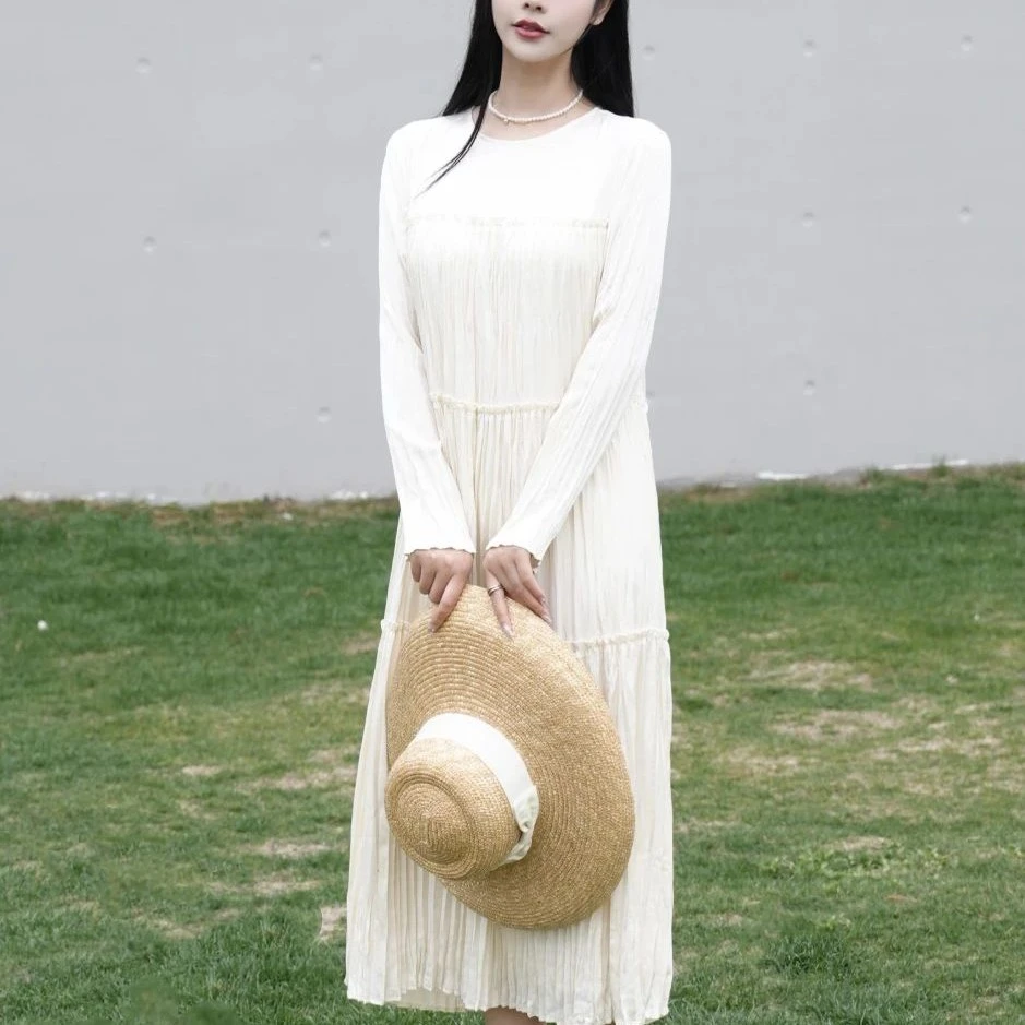 【北京阿玛施】 5500445夏季气质压褶长袖百褶连衣裙长款时尚显瘦