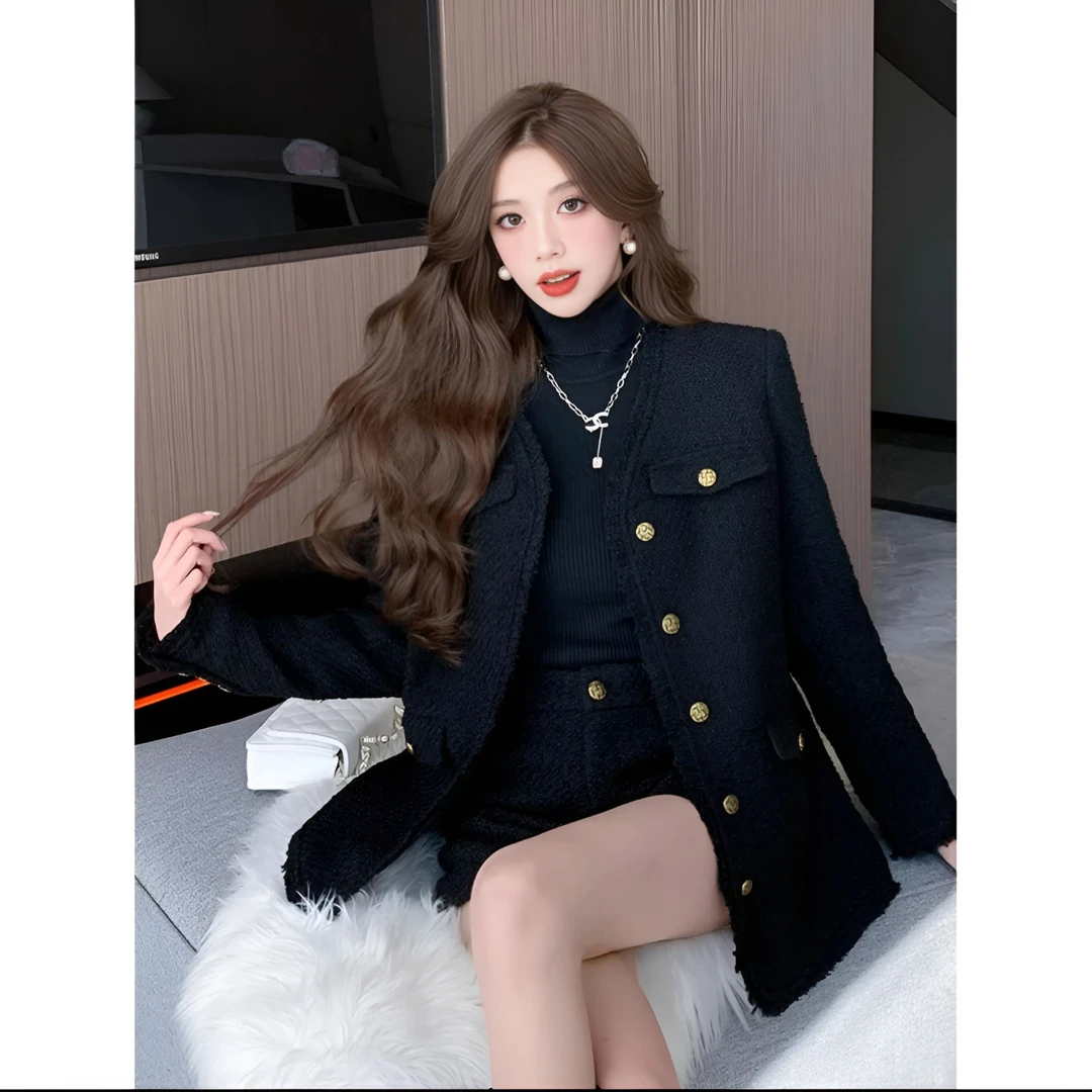 经典黑色外套大码胖mm加棉小香风粗花外套秋冬高级感遮肉显瘦外搭