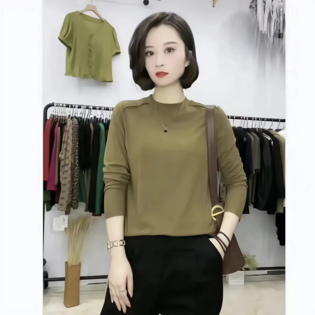 HONGLI/红·厘长袖t恤女春秋季新款纯色ins圆领打底衫百搭上衣内搭