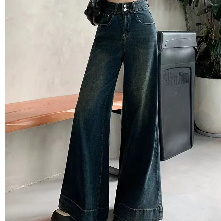 孤品冬季加绒韩版复古色百搭宽松显瘦高腰直筒阔腿微喇牛仔裤女