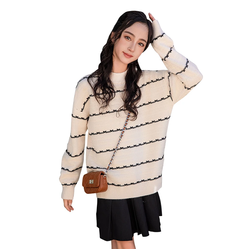 套头毛衣条纹简约圆领百搭慵懒风黑白宽松长袖25484
