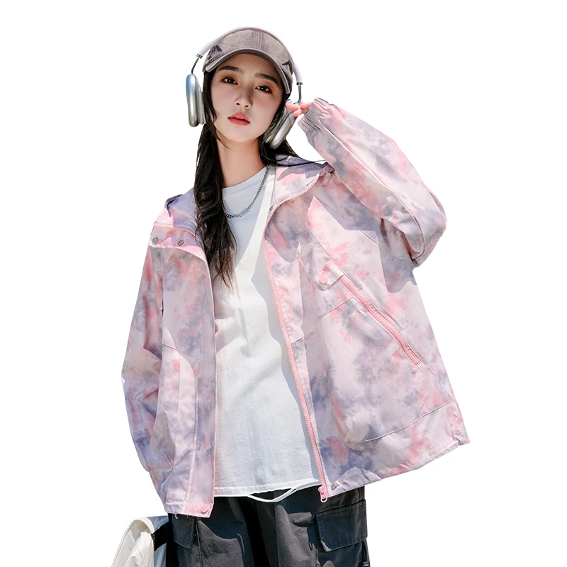连帽外套冲锋衣紫粉色迷彩印花防风女中大童春秋休闲运动25367