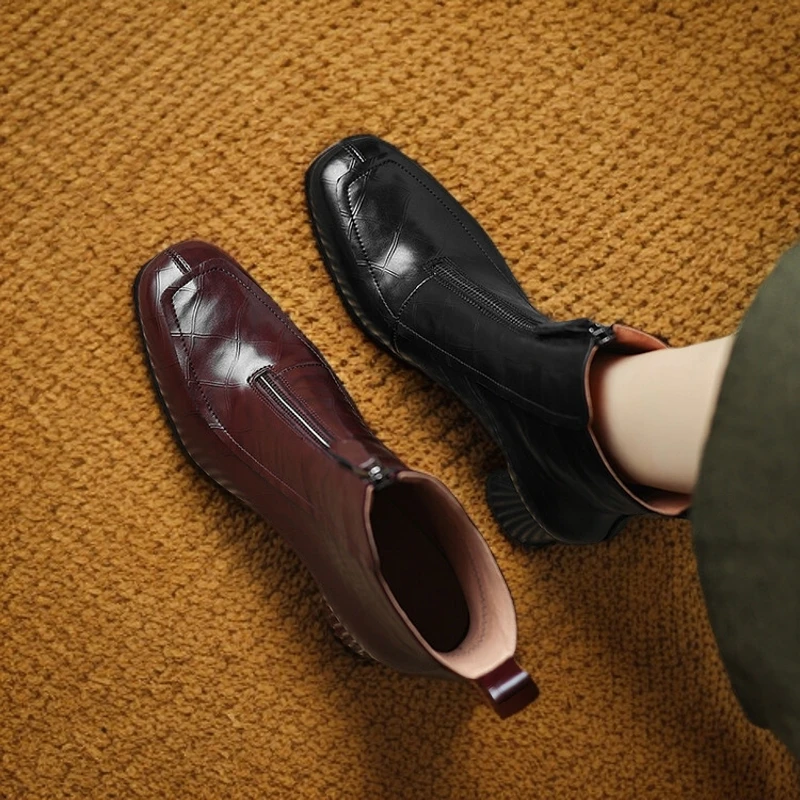 6CM粗跟34-40码秋冬复古英伦风方头真皮短靴女中跟加绒靴子百搭靴