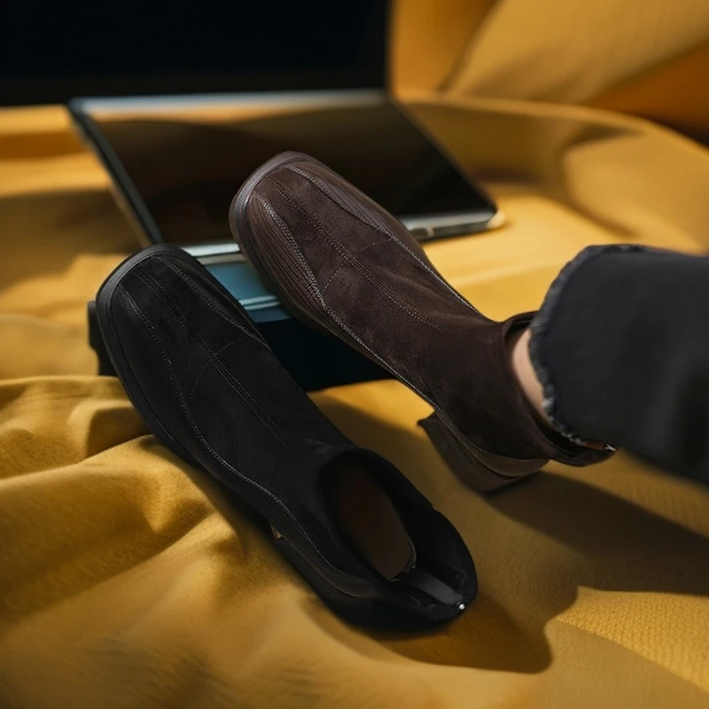 5.5CM粗跟34-40码秋冬厚底休闲复古英伦风瘦瘦靴方头棕色弹力短靴