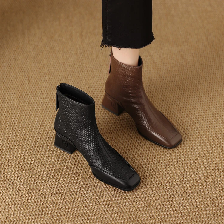 5CM粗跟34-39码秋冬方头复古棕色短靴女中跟英伦风靴子时尚百搭靴