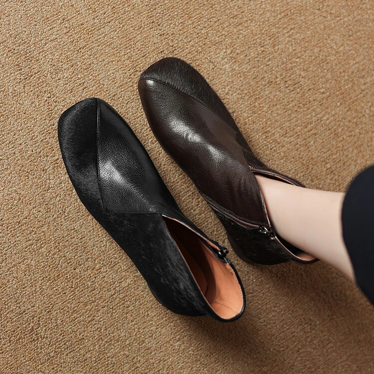 3CM粗跟34-40码羊皮/马毛休闲复古中跟软底方头短靴女百搭英伦风