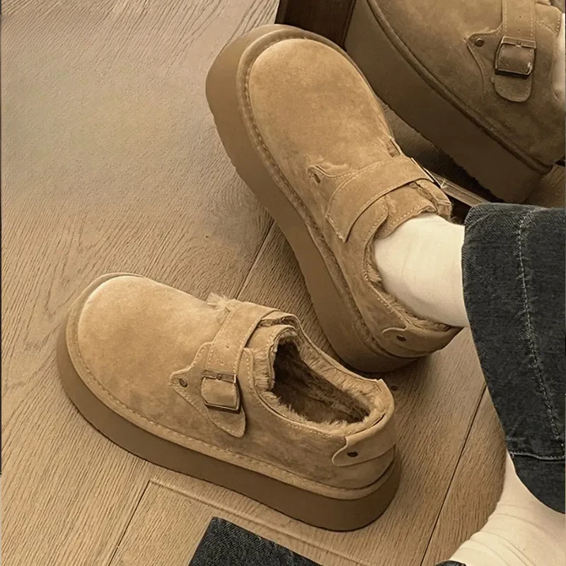 勃肯鞋女厚底增高5厘米毛毛平底鞋秋冬加绒防滑毛毛鞋学生保暖鞋