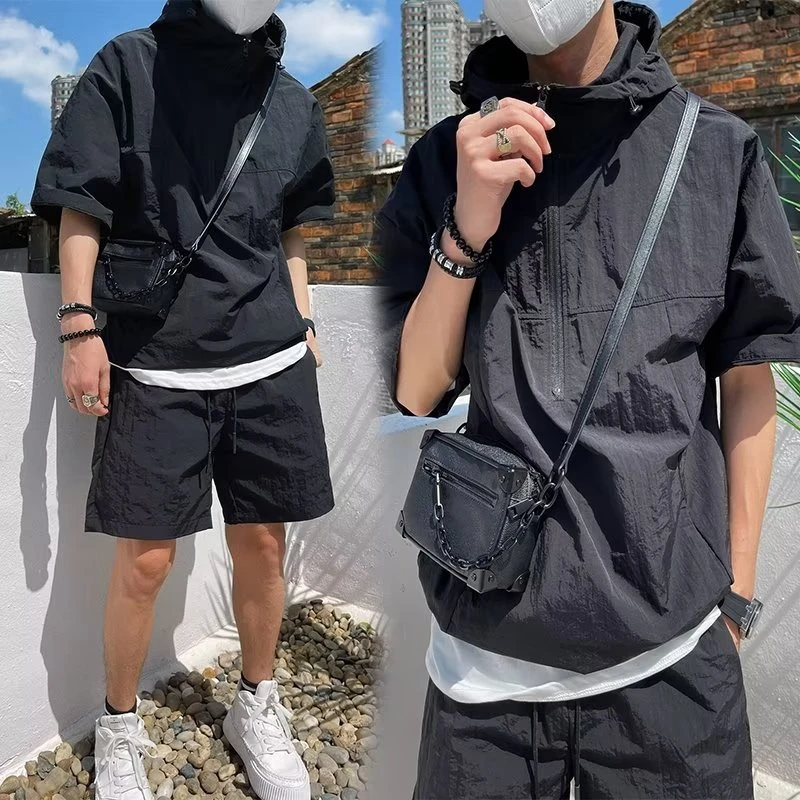 夏季工装套装男士日系风宽松短袖连帽T恤衫复古百搭户外运动套装