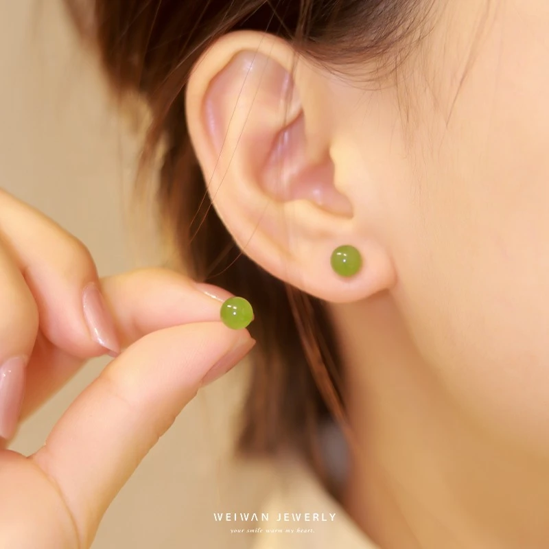 古风耳钉女天然和田玉纯银耳饰养耳洞高级感耳环礼物