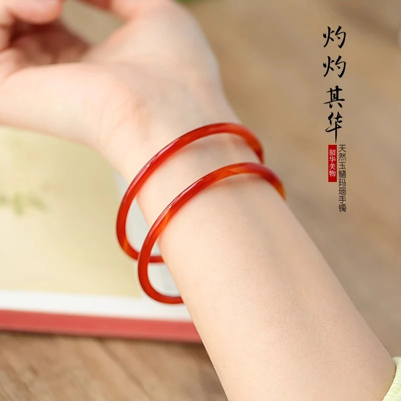 天然网红玉髓手镯镯叮当一对古风汉服红色少女款红玛瑙大码小细条