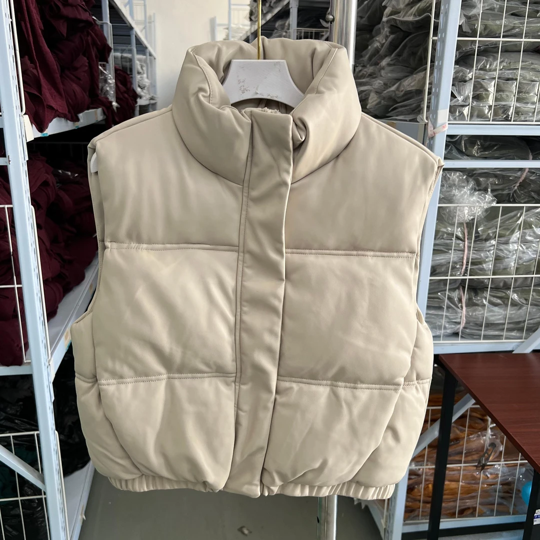 H5001捷拉服饰新款简约立领小香风短款PU皮马甲加厚面包棉背心