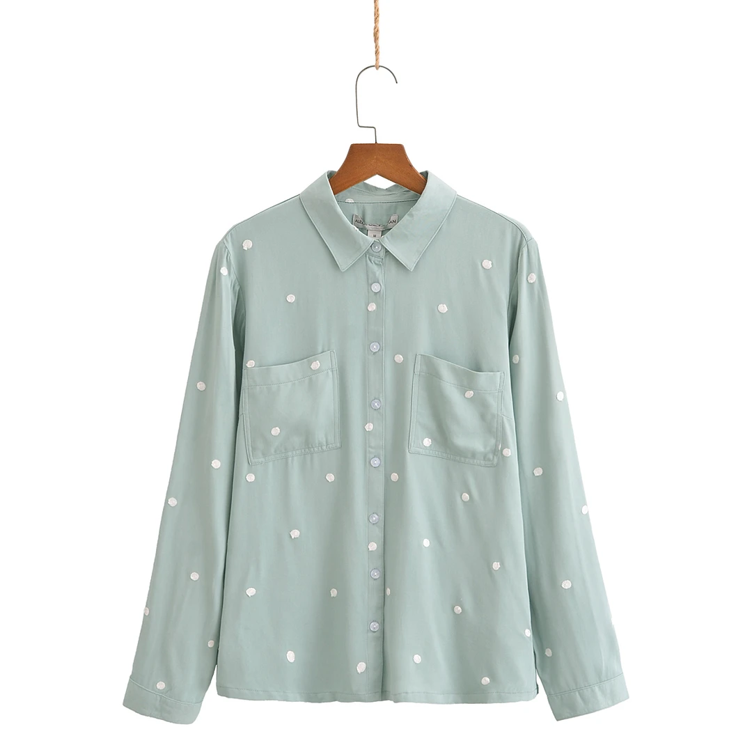 H4979捷拉服饰2024秋季新款刺绣波点人棉宽松衬衣侧开叉长袖衬衫