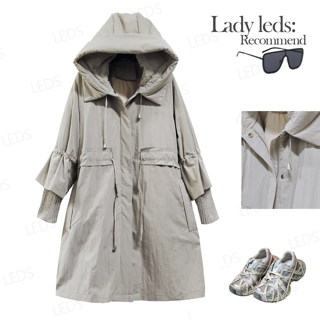 LEDS 19009冬季新款收腰显瘦青灰色中款长连帽外套