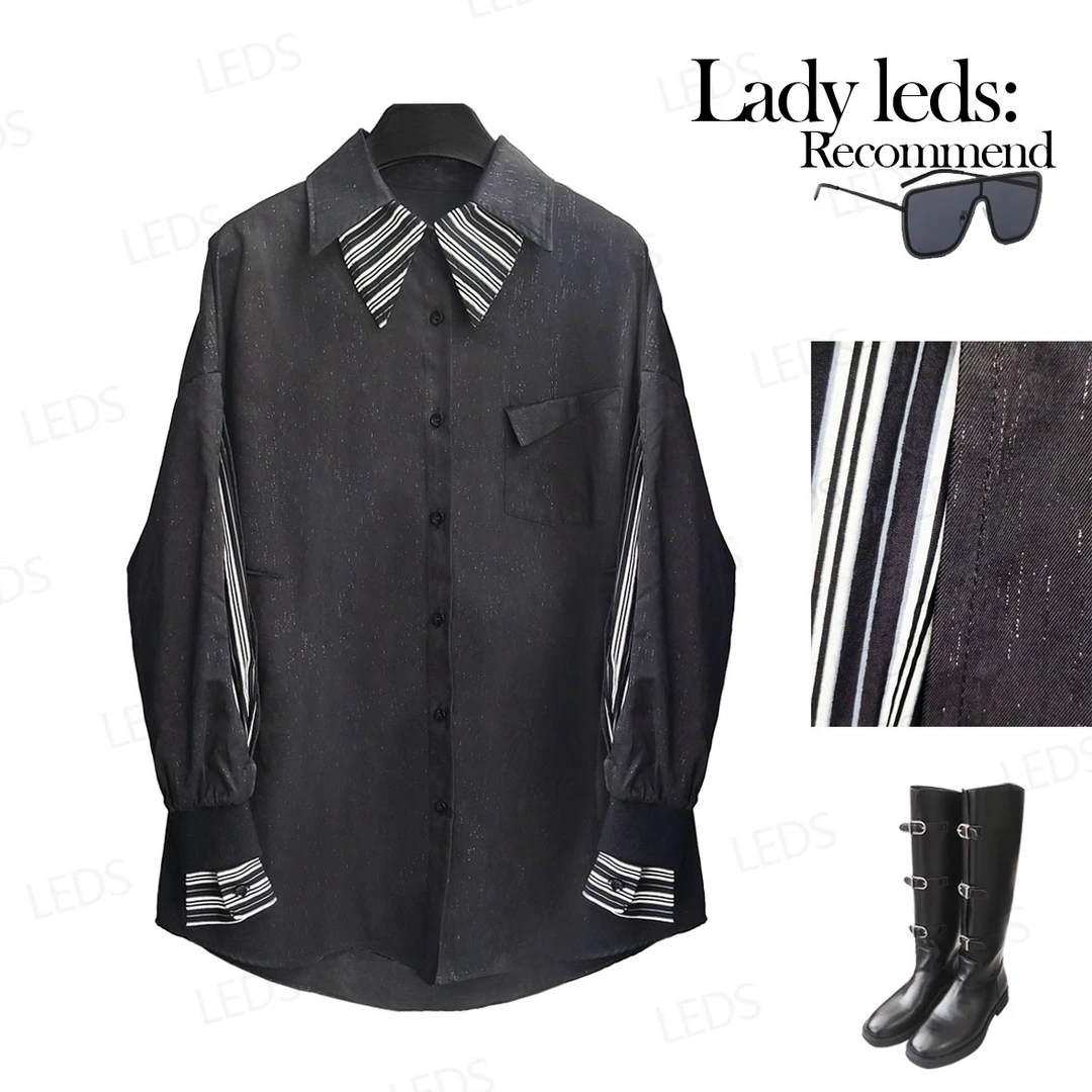 LEDS 7316秋季新款时尚气质拼接假两件条纹衬衫外套