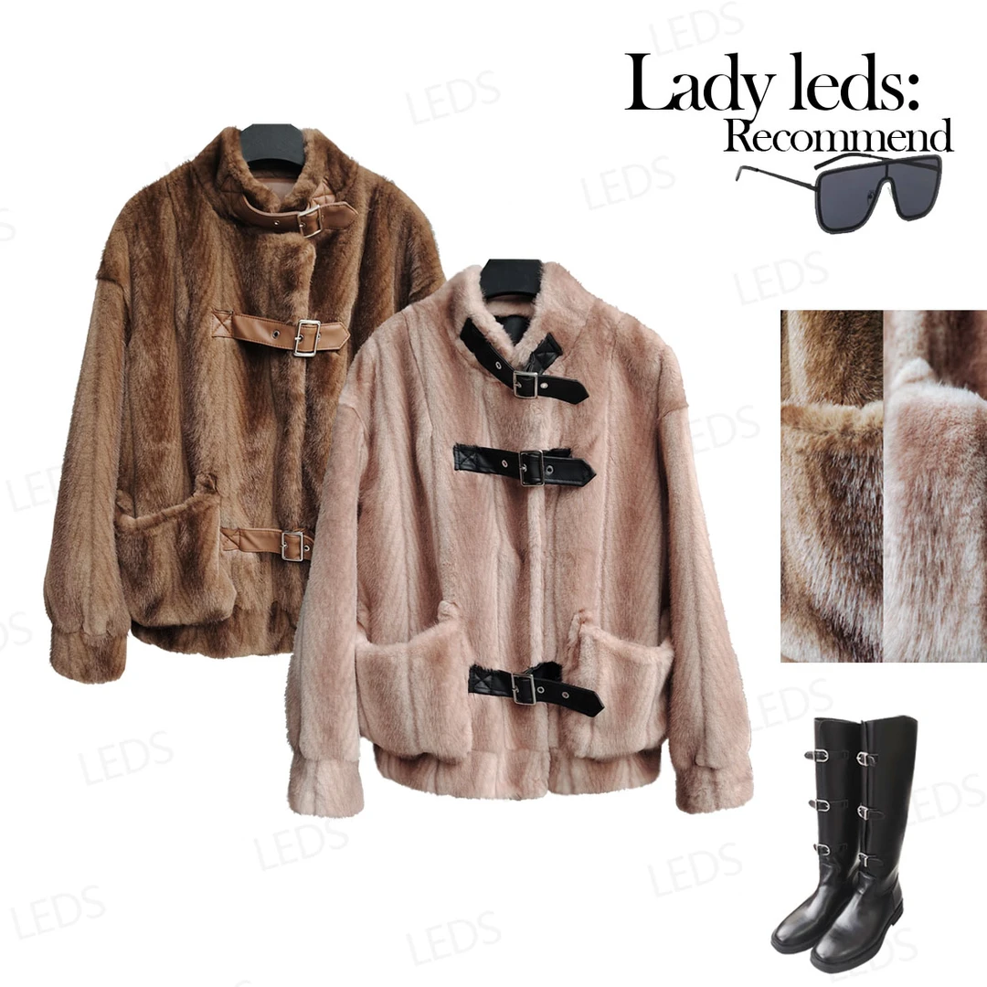 LEDS 1253秋季新款气质轻奢雅丹风半高领皮扣草草短外套