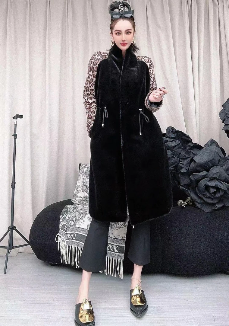 LEDS 22190反季秋冬新款时尚豹纹拼接长外套