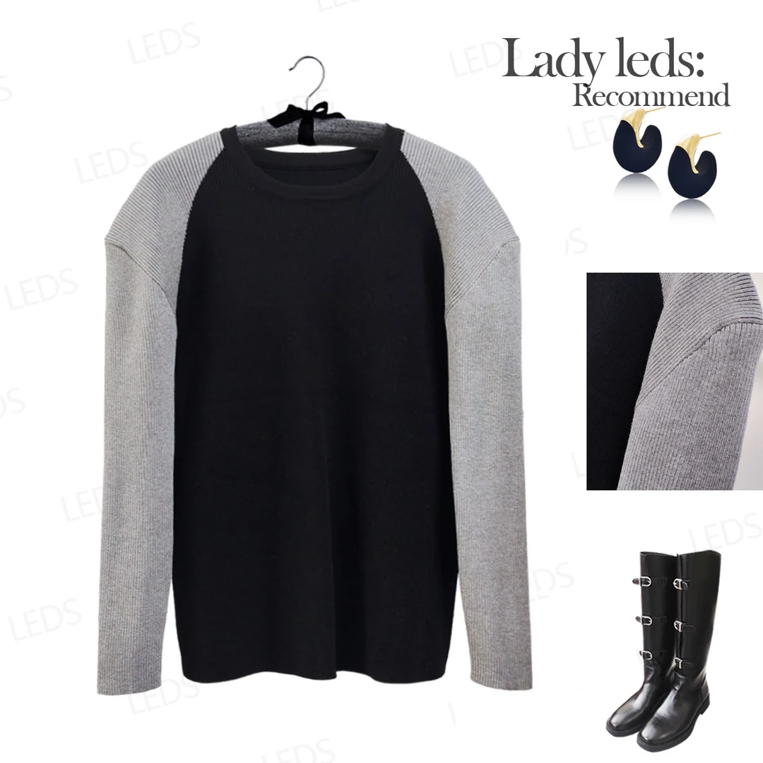 LEDS 8983冬季新款气质百搭垫肩款黑灰色针织上衣