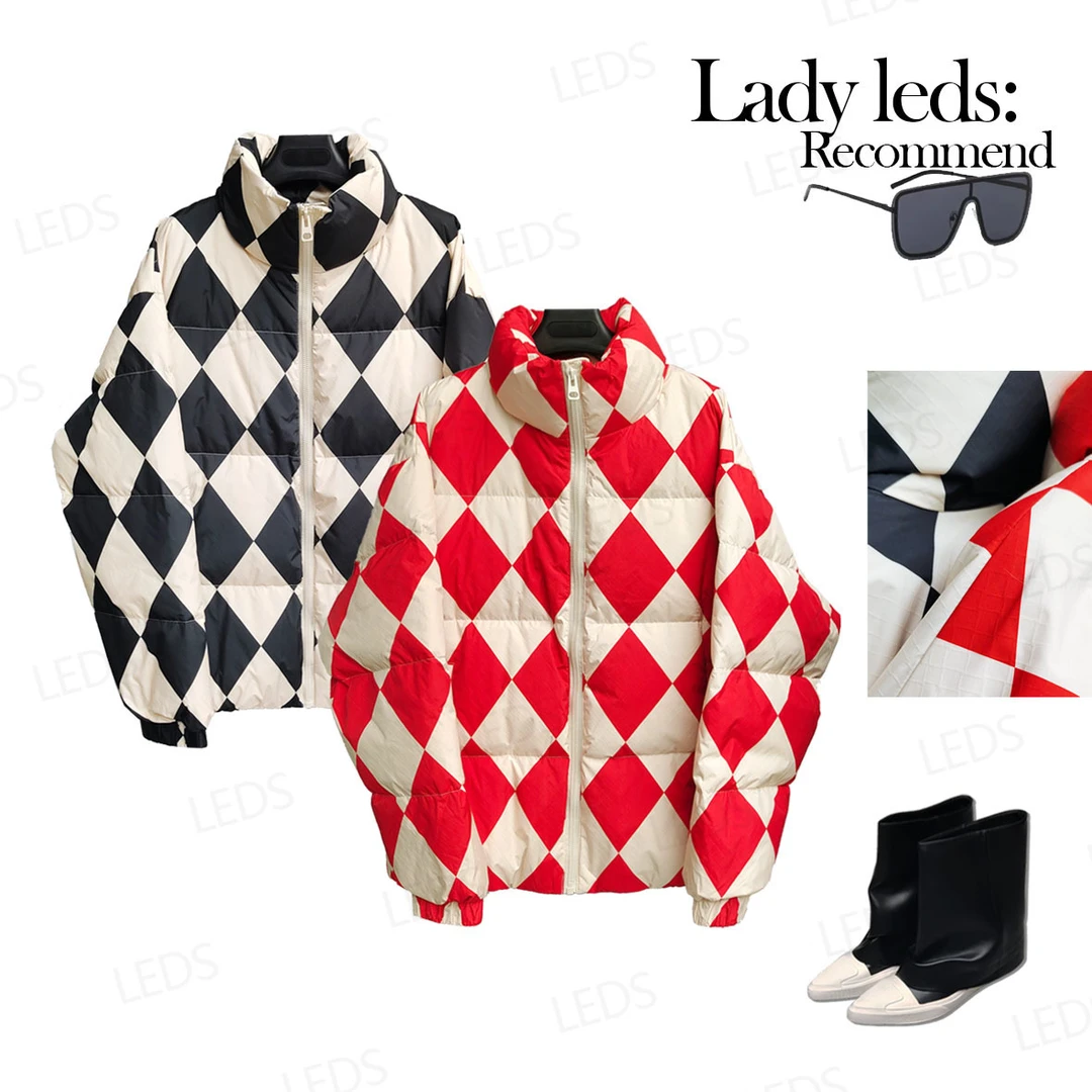LEDS 23062秋季新款百搭经典两色菱格保暖厚外套