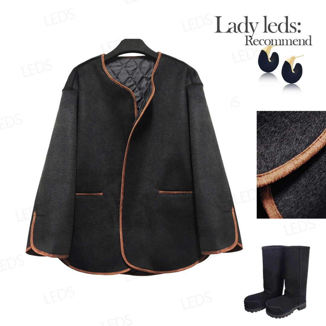 LEDS S516秋季新款简约松弛感咖色包边呢子短外套