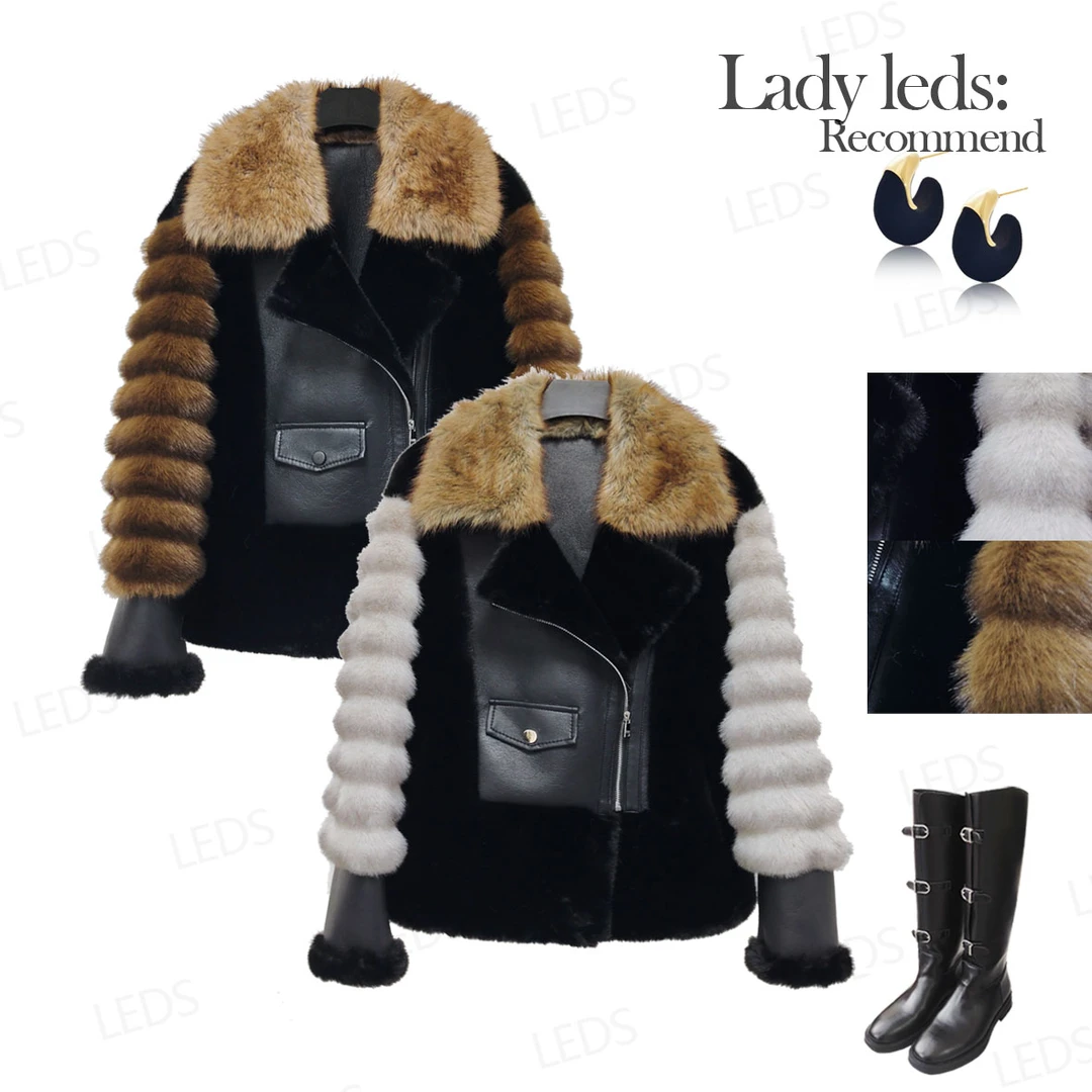 LEDS 24042冬季新款轻奢设计款撞色翻领两色拉链短夹克外套