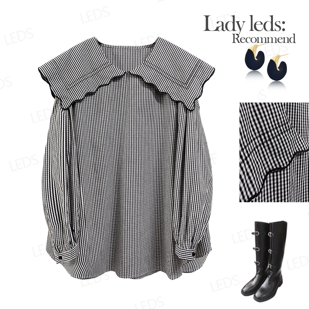 LEDS 7658秋冬新款时尚减龄黑白格娃娃领打底上衣