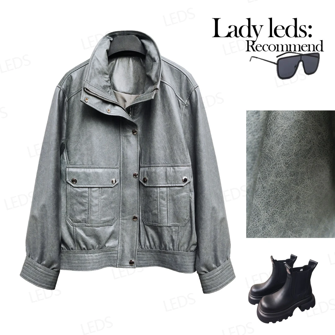 LEDS 351秋季新款休闲百搭翻领羊皮夹克短外套