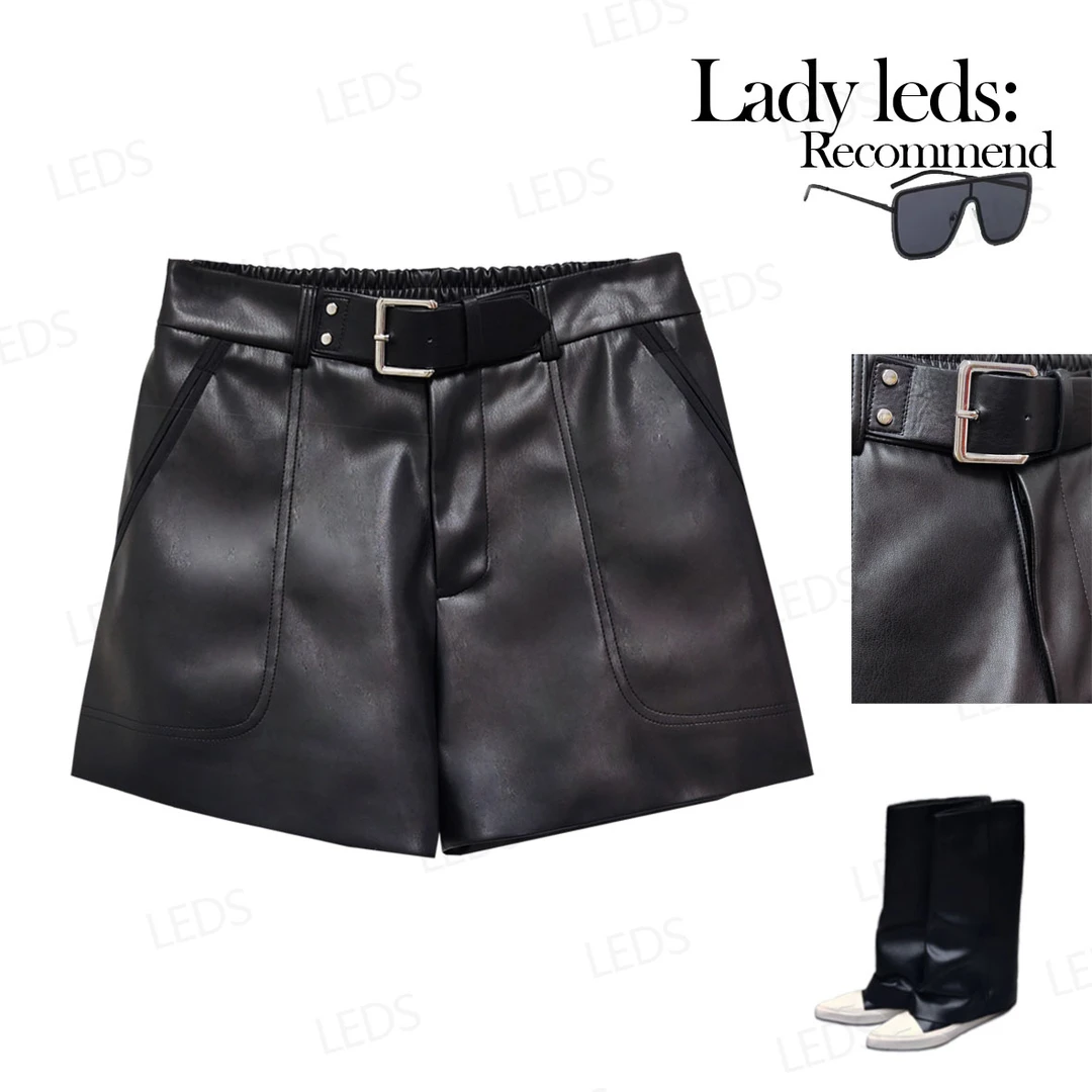 LEDS S507秋冬新款百搭显瘦装饰腰带皮短裤