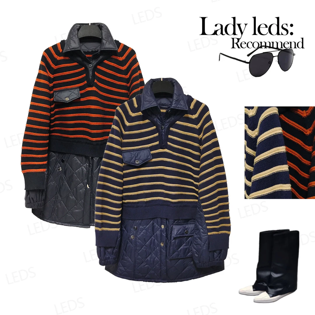 LEDS 7611秋季新款百搭简约两色横纹拼接棉上衣