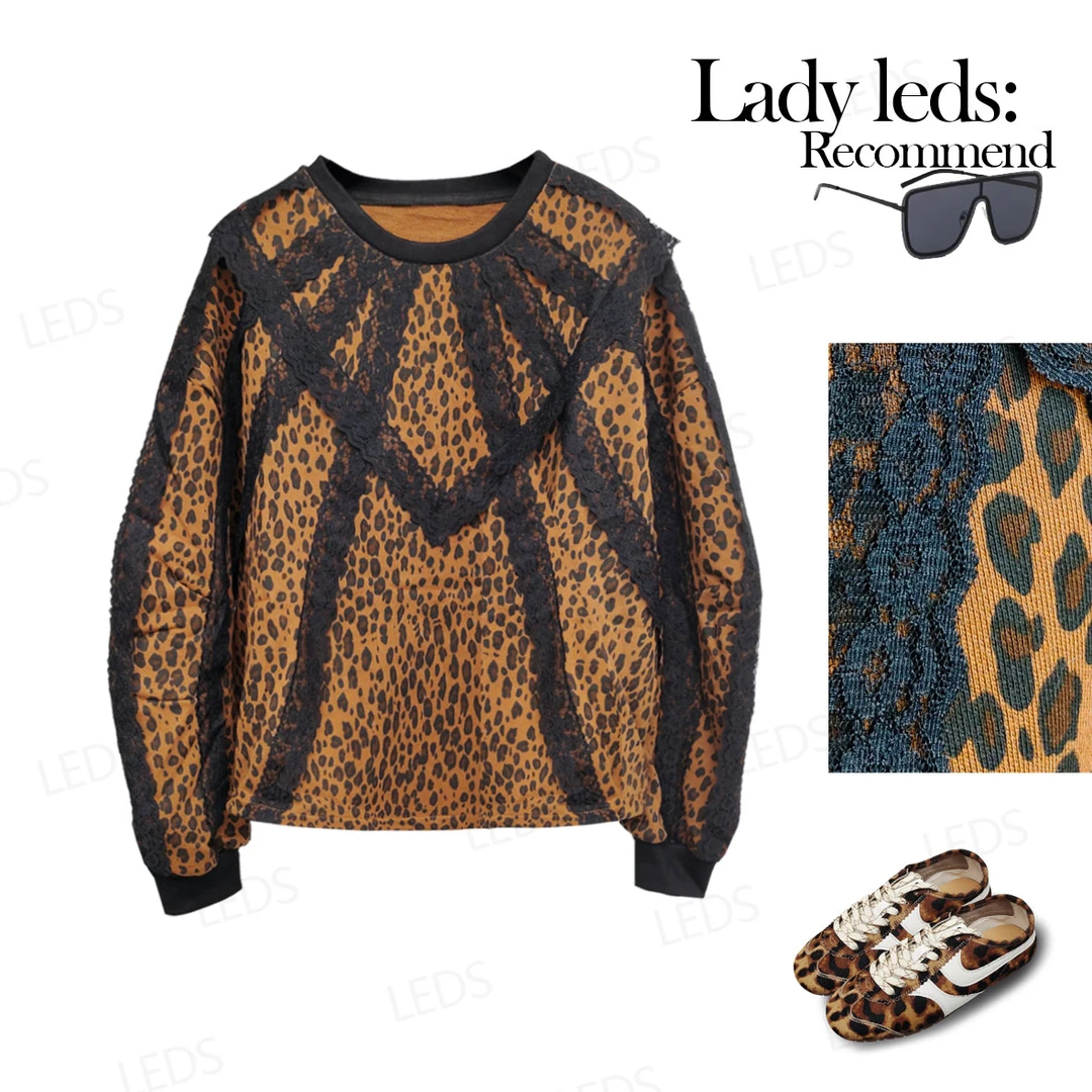 LEDS 8167秋季新款时尚个性百搭豹纹蕾丝短上衣