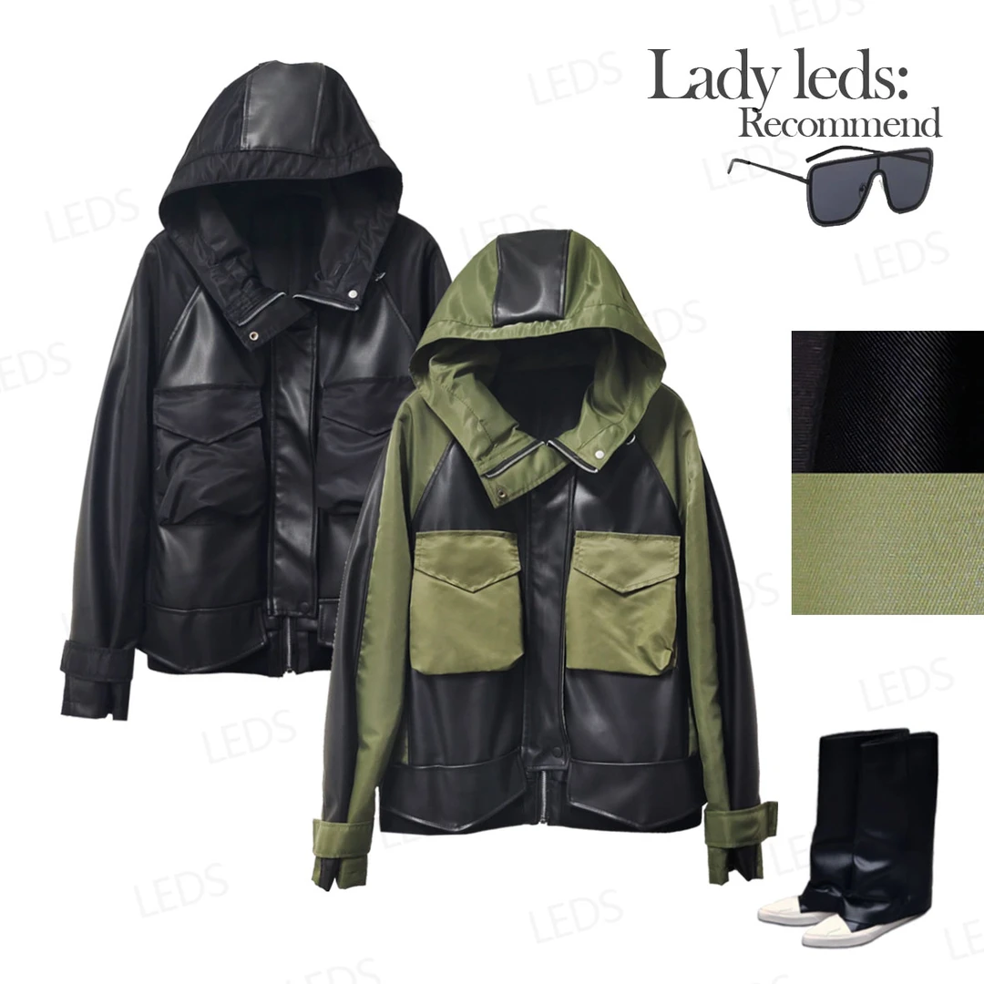 LEDS 1354秋季新款小众设计师款显瘦连帽撞色外套