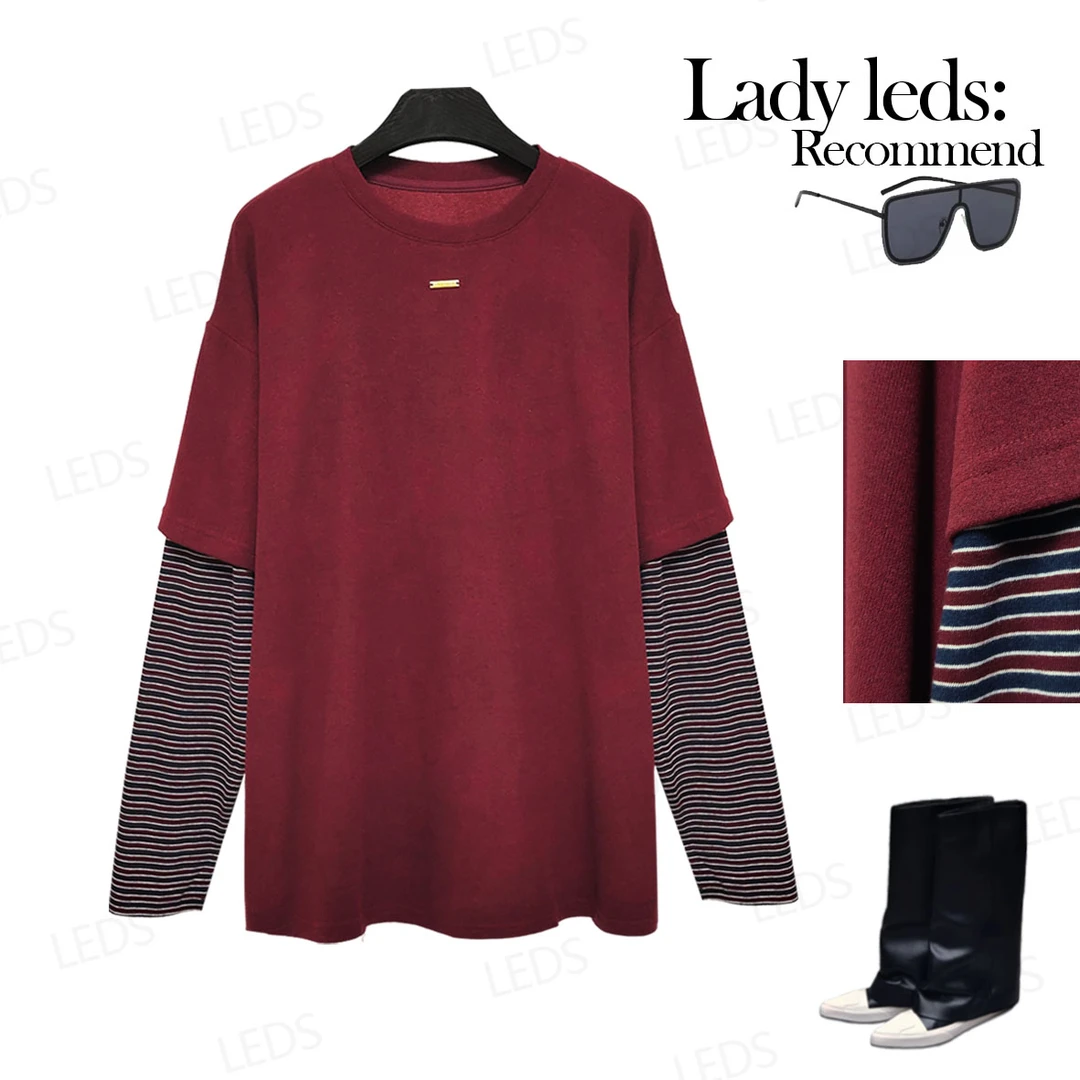 LEDS 3379秋季新款百搭通勤撞色拼接条纹长袖T恤