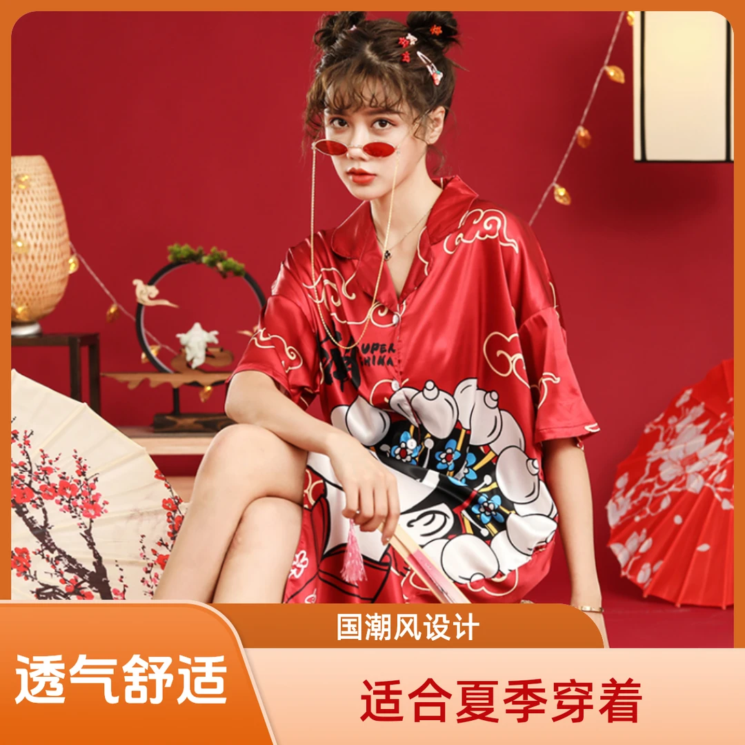 网红冰丝睡衣女夏季仿真丝绸短袖国潮风睡裙长款复古大码家居服