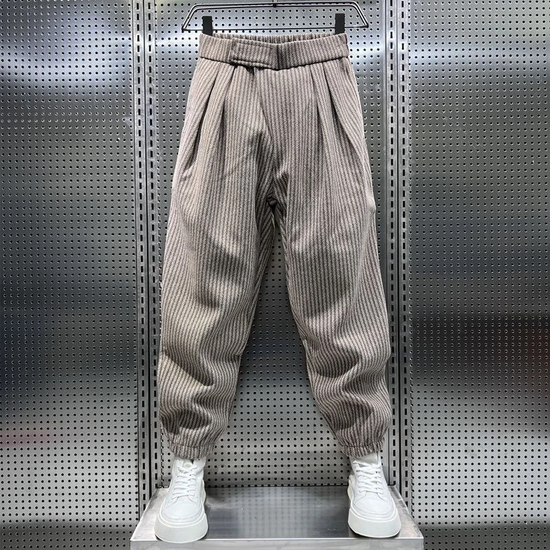 帅气百搭春秋条纹休闲裤加厚秋冬新款潮牌毛呢束脚潮流男士加绒裤